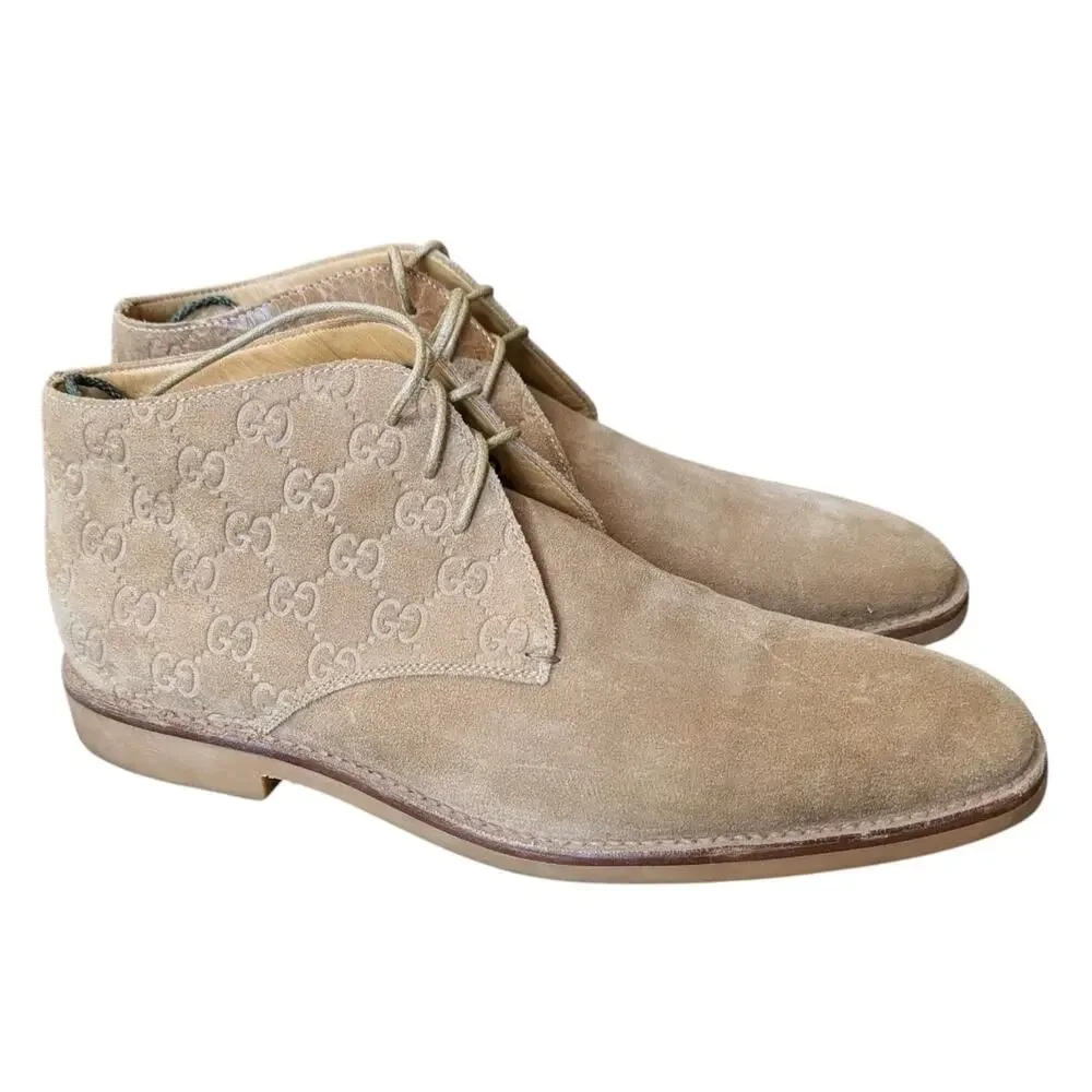 Gucci Antigua Ankle Boots Tan Suede GG Monogram Chukka Desert Mens 10 Italy